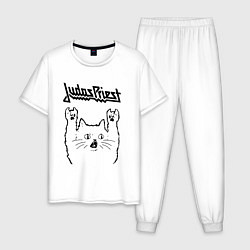 Пижама хлопковая мужская Judas Priest - rock cat, цвет: белый