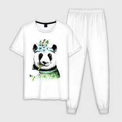 Пижама хлопковая мужская Прикольный панда жующий стебель бамбука, цвет: белый