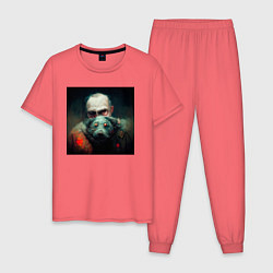 Пижама хлопковая мужская Портрет демонических дедушки и собаки, цвет: коралловый