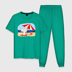 Пижама хлопковая мужская Кошечка на пляже с мороженым, цвет: зеленый