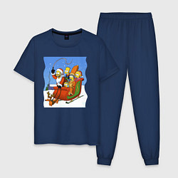 Пижама хлопковая мужская Новогодняя семейка Симпсонов в санях запряженных с, цвет: тёмно-синий