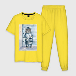 Пижама хлопковая мужская Акварельный рисунок плохой кот, цвет: желтый
