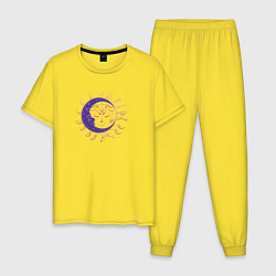 Пижама хлопковая мужская Спящие солнце и месяц, цвет: желтый