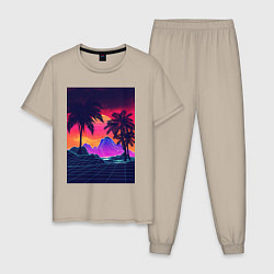 Пижама хлопковая мужская Синтвейв пляж и пальмы, цвет: миндальный