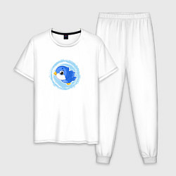 Пижама хлопковая мужская Мультяшная голубая птичка, цвет: белый
