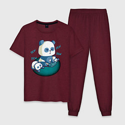 Пижама хлопковая мужская Панда геймер с малышами, цвет: меланж-бордовый