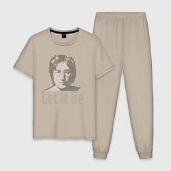 Пижама хлопковая мужская Портрет Джона Леннона и текст песни Let It Be, цвет: миндальный