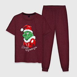 Пижама хлопковая мужская Merry Christmas, Santa Claus Grinch, цвет: меланж-бордовый