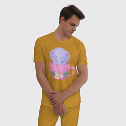 Пижама хлопковая мужская Милый слонёнок внутри чашки с цветами, цвет: горчичный — фото 2