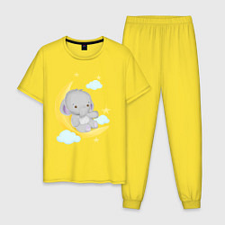 Пижама хлопковая мужская Милый слонёнок сидит на месяце среди звёзд, цвет: желтый