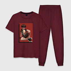 Пижама хлопковая мужская Красавчик Кабанэ Кусак - Инцидент Кэмоно, цвет: меланж-бордовый