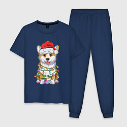 Пижама хлопковая мужская Новогодний корги, цвет: тёмно-синий