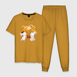Пижама хлопковая мужская Зайчики с подарком - 2023, цвет: горчичный