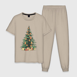 Пижама хлопковая мужская Новогодняя елка с хот-догами, цвет: миндальный