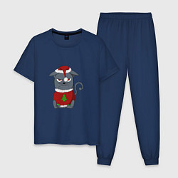 Пижама хлопковая мужская Недовольный новогодний кот, цвет: тёмно-синий