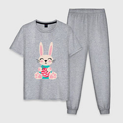 Пижама хлопковая мужская Новогодний кролик с елочным шаром, цвет: меланж