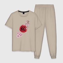 Пижама хлопковая мужская Цветущая вишня и красный круг с японским иероглифо, цвет: миндальный