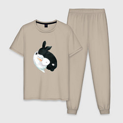 Пижама хлопковая мужская Кролики Инь Янь, цвет: миндальный