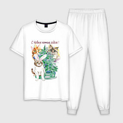 Пижама хлопковая мужская Банда котиков, цвет: белый