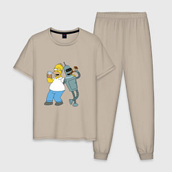 Пижама хлопковая мужская Drunk Homer and Bender, цвет: миндальный