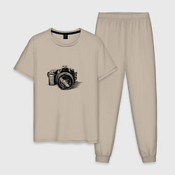 Пижама хлопковая мужская Рисунок фотоаппарата, цвет: миндальный