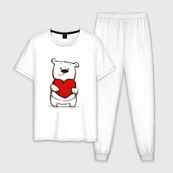 Пижама хлопковая мужская Милый мишка с сердцем, цвет: белый