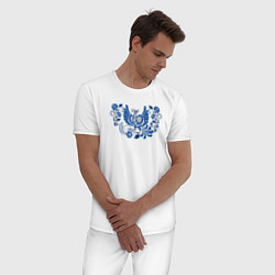 Пижама хлопковая мужская Синяя птица в орнаменте гжель, цвет: белый — фото 2