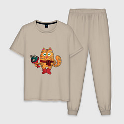 Мужская пижама Влюбленный рыжий кот с рыбным букетом