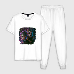 Пижама хлопковая мужская Девушка и парень в стиле киберпанк, цвет: белый