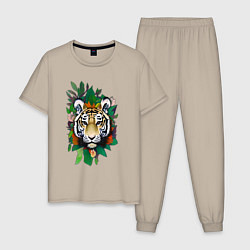 Пижама хлопковая мужская Голова Тигра среди листьев и цветов, Тигр символ 2, цвет: миндальный