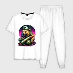 Пижама хлопковая мужская Боевой медведь ракетчик, цвет: белый