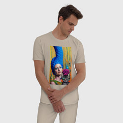 Пижама хлопковая мужская Мардж Симпсон с кошкой - нейросеть - art, цвет: миндальный — фото 2