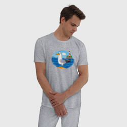 Пижама хлопковая мужская Мультяшная чайка на фоне маяка, цвет: меланж — фото 2