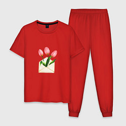 Пижама хлопковая мужская Тюльпаны в конверте, цвет: красный