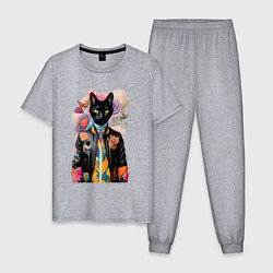 Мужская пижама Чёрный кот модник - нейросеть