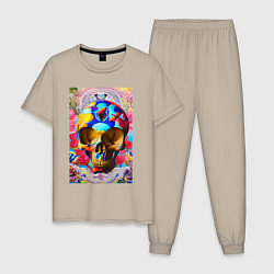 Пижама хлопковая мужская Skull - neural network - art, цвет: миндальный