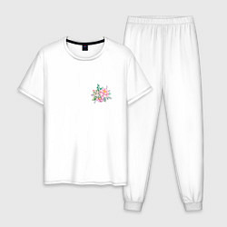 Пижама хлопковая мужская Мини акварельные цветы, цвет: белый