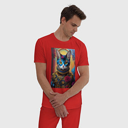 Пижама хлопковая мужская Cat in a steampunk costume - neural network, цвет: красный — фото 2