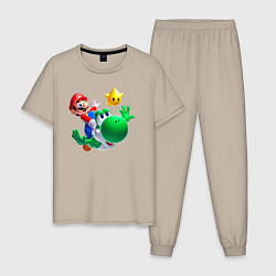 Пижама хлопковая мужская Марио, Йоши и звезда, цвет: миндальный