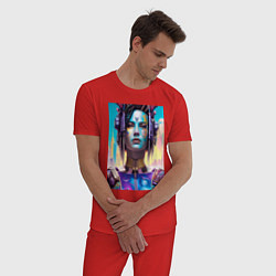 Пижама хлопковая мужская Крутая девчонка - киберпанк, цвет: красный — фото 2