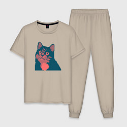 Пижама хлопковая мужская Vintage pixel cat, цвет: миндальный