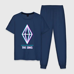 Пижама хлопковая мужская The Sims в стиле glitch и баги графики, цвет: тёмно-синий