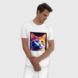 Пижама хлопковая мужская Милый котик с большими глазами, цвет: белый — фото 2