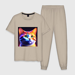 Пижама хлопковая мужская Милый котик с большими глазами, цвет: миндальный