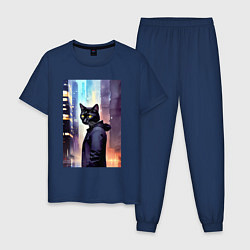 Пижама хлопковая мужская Чёрный котяра житель Нью-Йорка, цвет: тёмно-синий