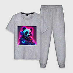 Пижама хлопковая мужская Диджей панда в свете неона, цвет: меланж