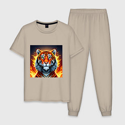 Пижама хлопковая мужская Огненный тигр, цвет: миндальный
