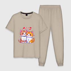 Пижама хлопковая мужская Влюбленные котята рисунок, цвет: миндальный