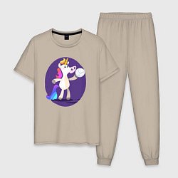 Пижама хлопковая мужская Единорог волейболист, цвет: миндальный