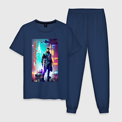 Пижама хлопковая мужская Cyberpunk 2077 - neural network - night, цвет: тёмно-синий